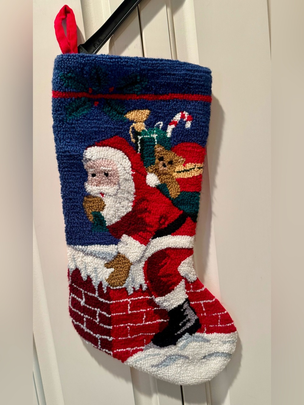 Hand Hooked Santa Going Down the Chimney Christmas Stocking